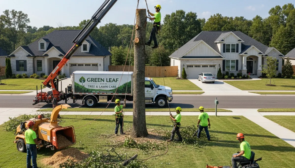 Professional lawn care and tree removal experts working in Allentown, PA yard