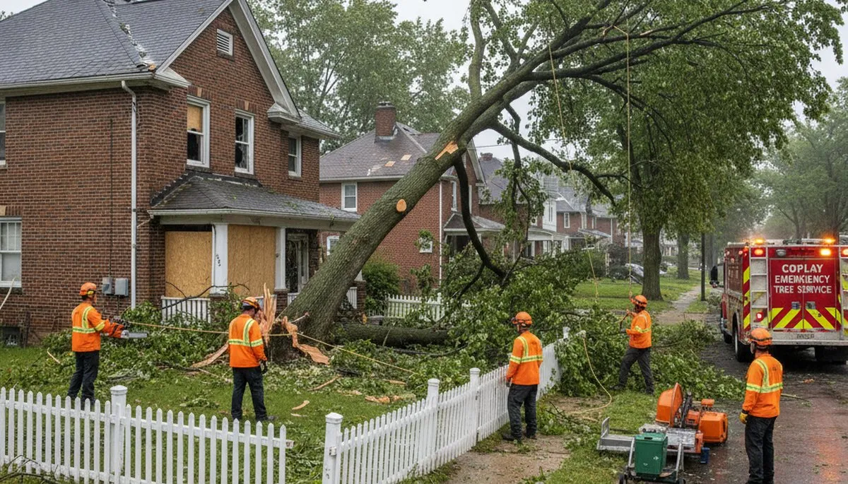 Emergency tree removal crew clearing storm-damaged trees in Coplay near Allentown, PA homes