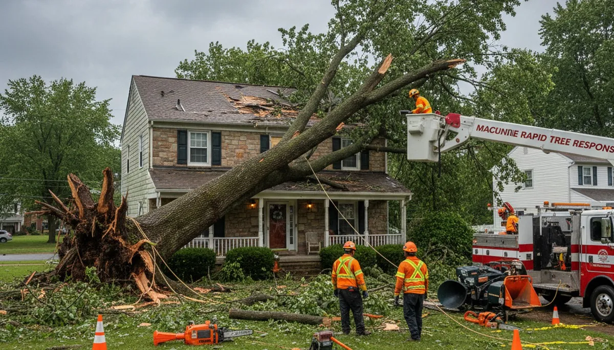 Emergency tree removal crew clearing storm-damaged trees in Macungie near Allentown, PA homes