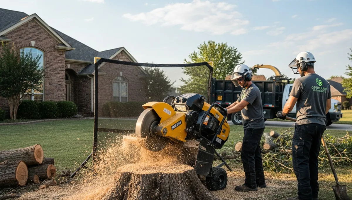 Arborists performing stump removal in Allentown, PA yard with professional grinding equipment