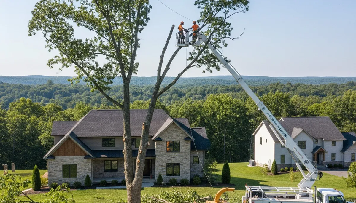 Professional tree removal service crew working safely in Allentown, PA neighborhood yard
